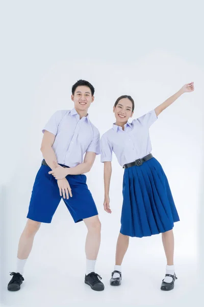 Ασιάτισσα Και Αγόρι Στολή Μαθητή Λευκό Φόντο Μαθητές Ταϊλάνδης — Φωτογραφία Αρχείου