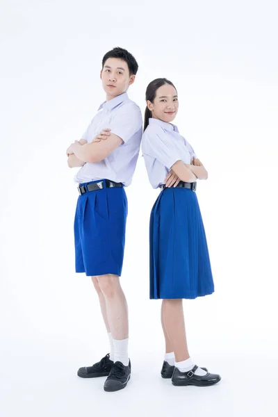 Πίσω Στο Σχολείο Ταϊλανδοί Μαθητές Ασιατική Κοπέλα Και Αγόρι Στέκεται — Φωτογραφία Αρχείου