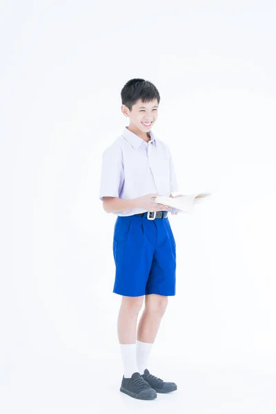 Wracać Szkoły Tajscy Studenci Chłopiec Stojący Czytający Książkę — Zdjęcie stockowe