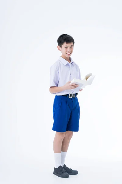 Terug Naar School Thaise Studenten Jongen Die Staat Een Boek — Stockfoto