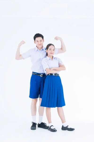 Υγιείς Μαθητές Ασιάτισσα Κοπέλα Και Αγόρι Στολή Μαθητή Λευκό Φόντο — Φωτογραφία Αρχείου