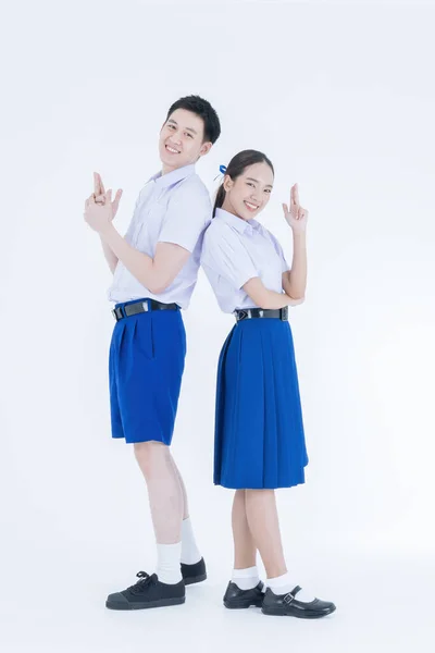 Ασιάτισσα Και Αγόρι Στολή Μαθητή Λευκό Φόντο Ταϊλανδοί Μαθητές Δύο — Φωτογραφία Αρχείου
