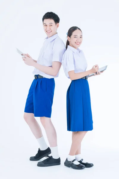 Volta Escola Estudantes Tailandeses Menino Menina Usando Tablet Digital — Fotografia de Stock