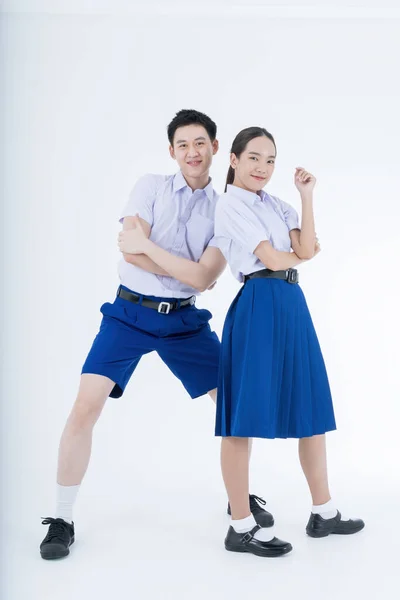 Thai Students Uniform Asian Girl Boy Standing Together Friendly Students — Stock Photo, Image