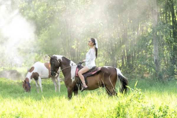 Woman White Dress Horse Summer Field Forest — Stock Photo, Image