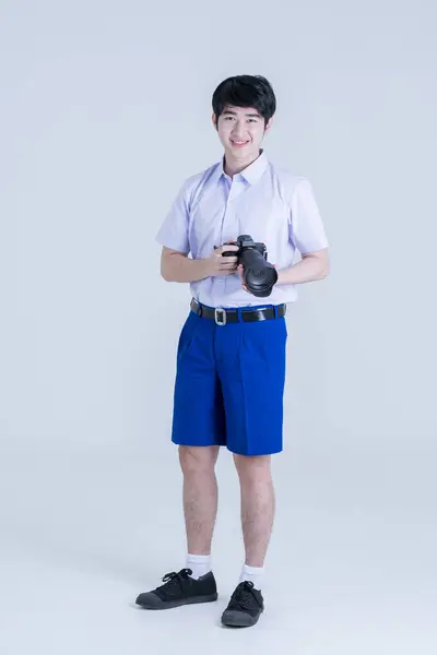 Thai Students Dslr Camera Asian Boy Smiles Dslr Camera Isolated — стоковое фото