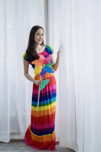 Lgbtq Concept Young Women Rainbow Colored Dress — стоковое фото