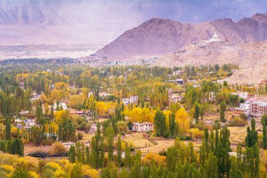 Leh kasabası sonbaharda dağları kucaklıyor. Himalayalar, Ladakh Şehri, Hindistan.