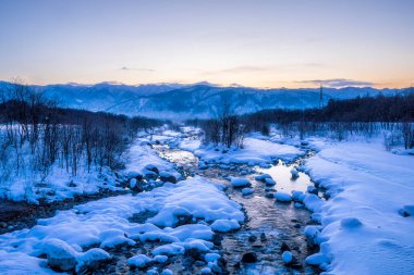 Dağ deresinin kış manzarası. Hakuba, Japonya 'da karla kaplı dere.