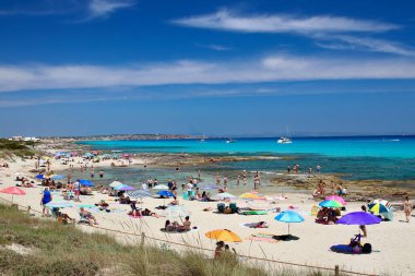 Ses Platgetes, Es Calo, Formentera Adası, İspanya - 5 Haziran 2022: Formentera Adası 'ndaki en muhteşem yerlerden biri olan 