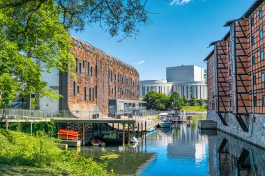 Rothers Mills and the pier on the Mill Island on the Brda River in Bydgoszcz, Poland