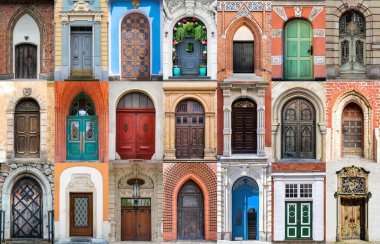 Çeşitli kapılar. Fotoğraf kolajı ve seyahat konsepti