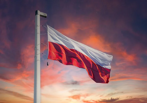 Nationalflagge Polens Weiß Rotes Banner Und Stürmischer Himmel Stockbild