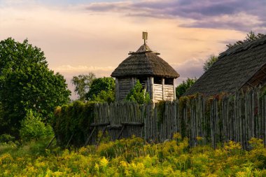 Tahta kapı ve kale. Yaz kırsalında