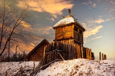  Wooden gate and fort. Winter countryside clipart