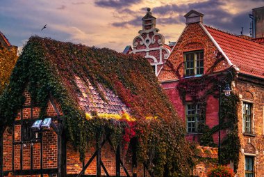 Eski Gdansk Kasabası 'ndaki antik evlerin Gotik cepheleri