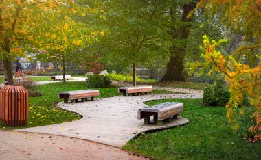 Taze sisli sonbahar parkında ahşap bahçe tezgahı