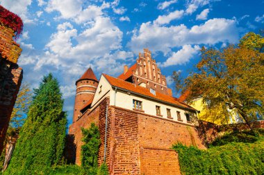 Gdansk, Polonya - 12 Ekim 2024: Doğu Avrupa 'nın güzel ortaçağ kasabası. Polonya, Olsztyn 'deki antik gotik kale. Prusya tuğla gotik mimarisi