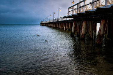 Polonya 'nın Gdynia kentindeki Baltık Denizi kıyısında eski güzel bir iskele.