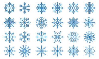 Collection of blue snowflake shapes on white background clipart
