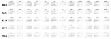 Takvim 2024, 2025, 2026, 2027, beyaz zemin üzerinde minimum tasarım, hafta pazartesi başlıyor, pazarları kırmızı işaretli..