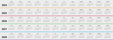 Takvim 2024, 2025, 2026, 2027, beyaz arkaplan üzerinde minimum dikey tasarım, hafta pazartesi başlıyor, yıllar farklı renklerle başlıyor.