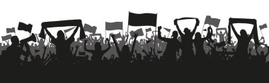 Sports background with soccer Football supporters in silhouette flat design. Male and female fans with hands in the air, banners, flags, scarfs. Design with two layers and gray crowd behind black crowd. clipart