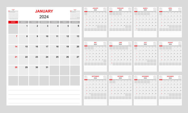 Monthly Calendar 2024 in organizer design with space for notes, week starting sunday