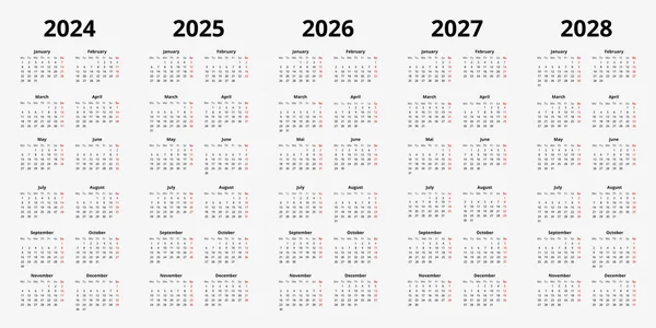 Takvim 2024, 2025, 2026, 2027, 2028 beyaz arka planda minimum tasarım. Hafta pazartesi başlıyor. Pazar günleri kırmızı işaretli.