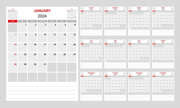 每月日历2024 组织者设计 带有备注空间 周日开始的一周 — 图库矢量图片#