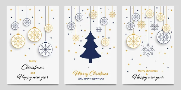 圣诞贺卡背景 蓝色和金色的圣诞球 雪花般的图标和星星 — 图库矢量图片#