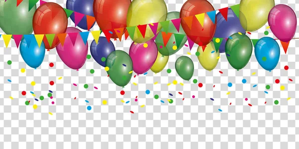 Kolorowe Tło Urodzinowe Wieloma Balonami Konfetti Proporzec Przezroczystym Tle — Wektor stockowy