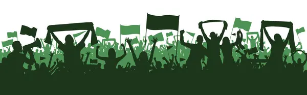 绿色体育背景 足球支持者在轮廓平面设计 手举在空中的男歌迷和女歌迷 设计有两层 深绿色人群后面有浅绿色人群 — 图库矢量图片#