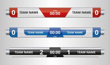 Futbol, futbol, futbol, beysbol ve gümüş efekt tasarımı için zaman, sonuç ve takım adı gösterimi için alt üçte birlik skorbord yayın vektörü koleksiyonu.