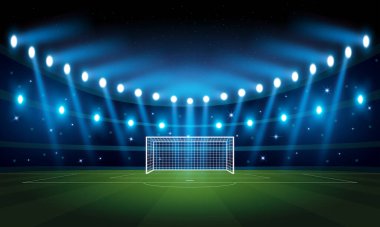 Futbol ve futbol için aydınlatılmış spor arenası bulanık mavi spot ışıkları, yıldızlı gece gökyüzü ve nebula, hedefe odaklan