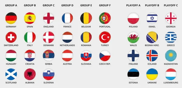 Verzameling Van Europese Vector Voetbal Pictogrammen Nationale Vlag Ontwerp Voor — Stockvector