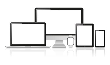 Ekran modeli için gümüş renkli aygıt koleksiyonu. Masaüstü bilgisayar, dizüstü bilgisayar, tablet, akıllı telefon ve beyaz arkaplanda boş ekran ve yansıma ile akıllı saatin gerçekçi vektör tasarımı.