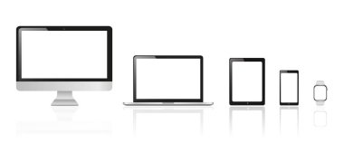 Aygıt ekran modeli. Masaüstü bilgisayar, dizüstü bilgisayar, tablet, akıllı telefon ve beyaz arkaplanda boş ekran ve yansıma ile akıllı saatin gerçekçi vektör tasarımı.