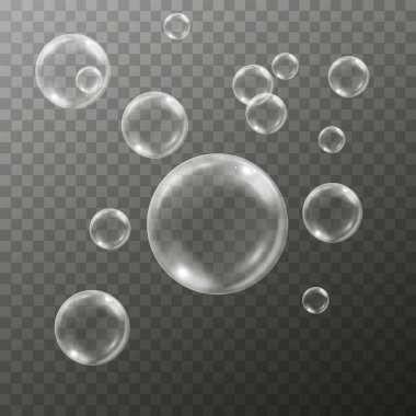 Şeffaf arkaplanda ışık yansımaları olan gerçekçi su kabarcıkları, vektör illüstrasyonu