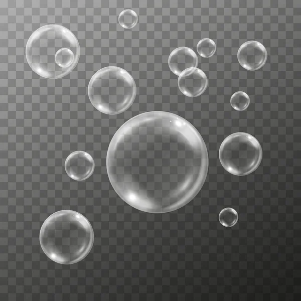 Şeffaf arkaplanda ışık yansımaları olan gerçekçi su kabarcıkları, vektör illüstrasyonu