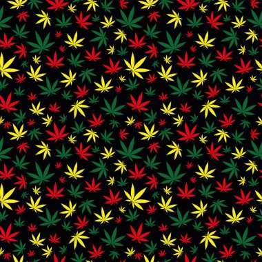 Rasta renklerinde esrar simgeleri desenli kusursuz reggae arkaplanı siyah üzerine kırmızı, altın, yeşil. 