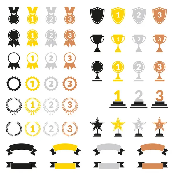 Set Icone Vettoriali Vincenti Sagome Piatte Sfondo Trasparente Trofeo Oro — Vettoriale Stock