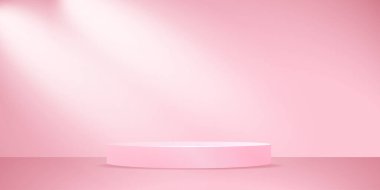 Sahne ışıkları ve ürün sunumu için arka planı olan boş pembe podyum görüntüsü. fotoğraf stüdyosu sahnesi pastel tonlarda 