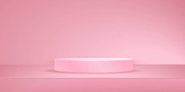 Ürün sunumu için boş pembe podyum görünümü arka planı. fotoğraf stüdyosu sahnesi pastel tonlarda 
