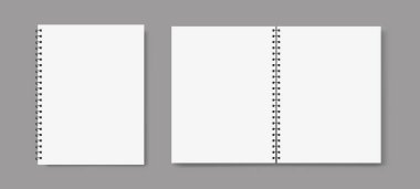 Boş beyaz spiral dizüstü bilgisayar modeli, metin için yer, kapalı ve açık görünüm, gri arkaplan