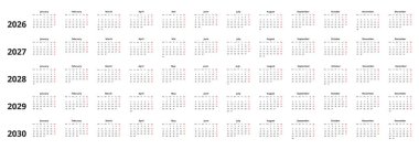 2026, 2027, 2028, 2029, 2030 yıllarına göre ayarlanmış takvim şablonu. Hafta pazartesi başlıyor, kırmızı pazarlı dikey tasarım, düzenlenebilir vektör