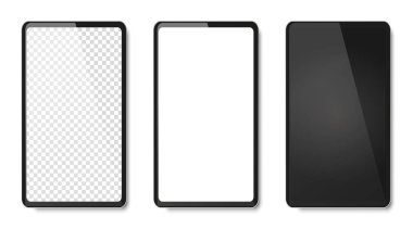Beyaz, siyah ve şeffaf üç boş ekranlı gerçekçi cep telefonu modeli