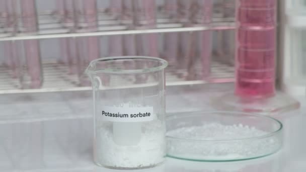 Kaliumsorbaat Glas Chemische Stof Laboratorium Industrie Bij Analyse Gebruikte Chemische — Stockvideo