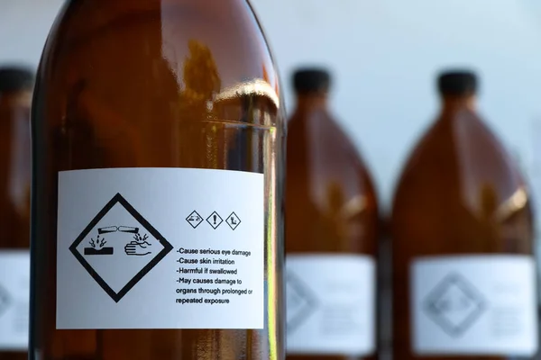 The corrosive chemical symbol on the bottle, dangerous chemicals in industry or laboratory