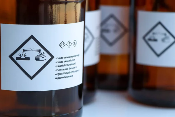 The corrosive chemical symbol on the bottle, dangerous chemicals in industry or laboratory